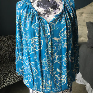 Lucky Brand Turquoise and Cream Floral Blouse SZ L